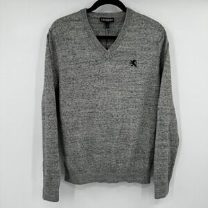 Express Mens Gray V-Neck Cotton Marled Knit Lion Logo Sweater Size Medium New
